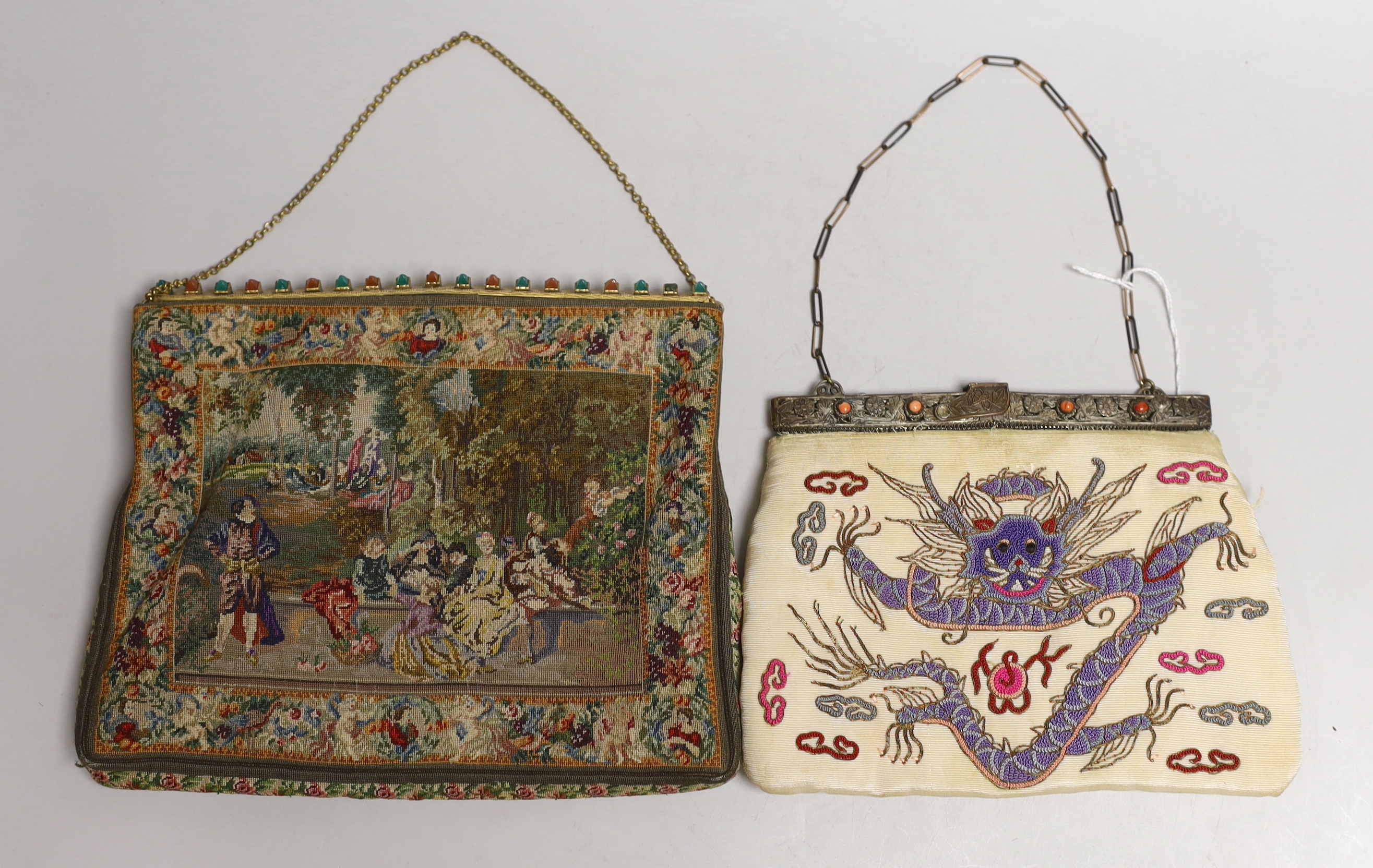 A petite point bag and a Chinese Beijing knot and metal thread embroidered ‘dragon’ bag